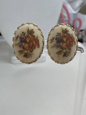 Vintage Germany Hand Painted Floral Oval Porcelain Clip-on Earrings